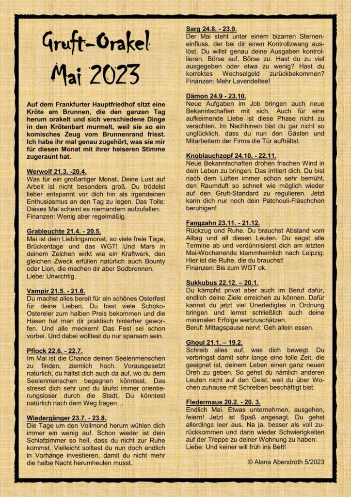 Gruft Orakel für Mai 2023