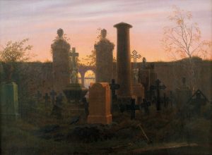 Ein Friedhof im Sonnenuntergang