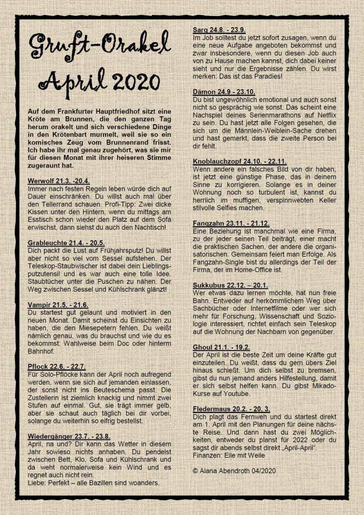 Gruft-Orakel April 2020