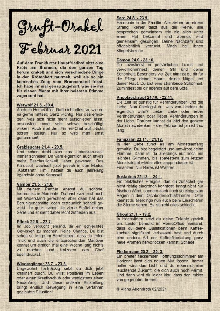 Gruft-Orakel Februar 2021 - Alana Abendroth
