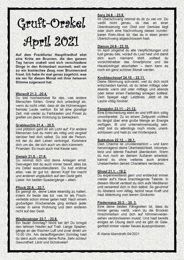 Gruft-Orakel April 2021 - Alana Abendroth
