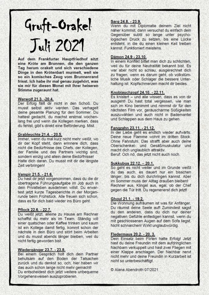 Gruft-Orakel Juli 2021 - Alana Abendroth