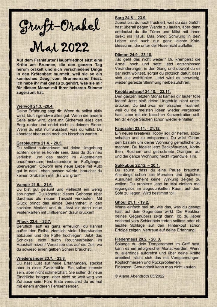 Das Gruftorakel von Mai 2022