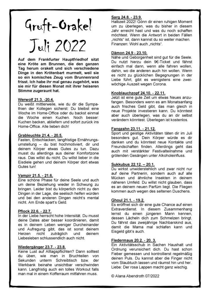 Gruft-Orakel Juli 2022 - Alana Abendroth