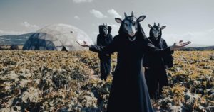 Die Bandmitglieder stehen in einem Feld