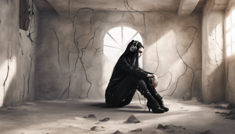 Ein einsamer Goth sitzt auf dem Boden eines Bunkers