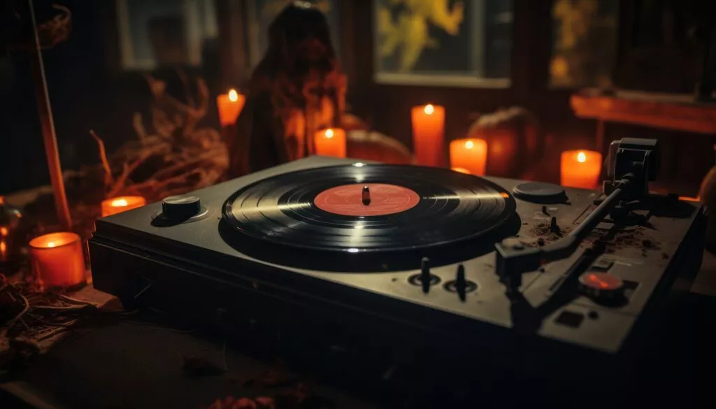 Ein Schallplattenspieler mit Schallplatte und Kerzen im Hintergrund