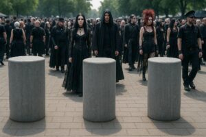 Eine Gruppe Gothics stehen vor einer Betonsperre