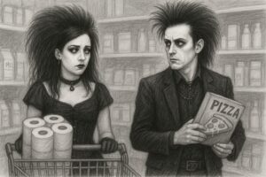 Zwei Gruftis im Supermarkt, einer hält eine Packung Pizza, seiner Partnerin schiebt den Einkaufswagen