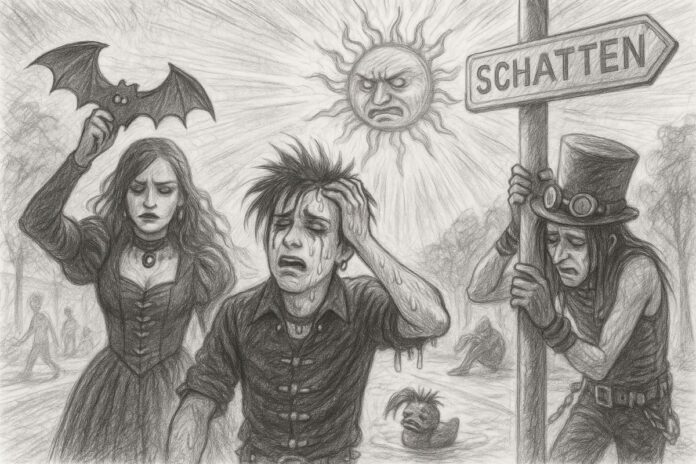 Von der Sonne gebeutelte Gruftis suchen verzweifelt nach Schaten