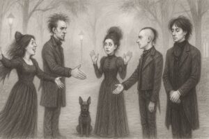 Eine Gruppe Gruftis möchte sich begrüßen, weiß aber nicht wie