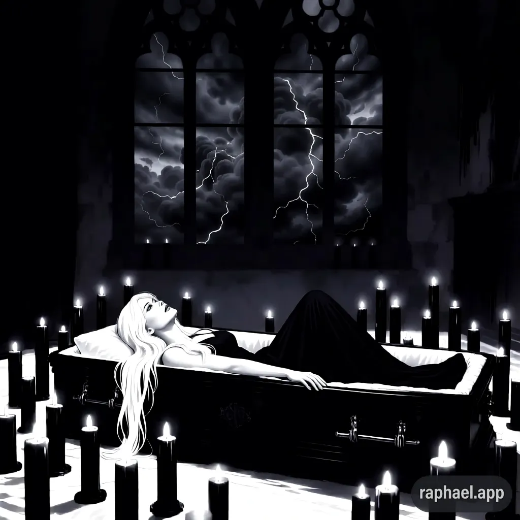 Eine Frau liegt in einem Sarg, sie ist umgeben von Kerzen