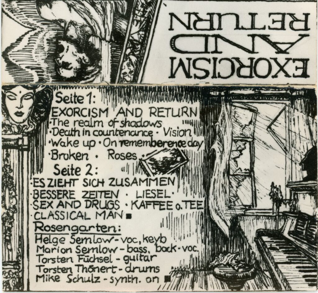 Aufgeklapptes Kassettencover des Rosengarten-Tapes Exorcism and Return von 1988 mit handgezeichneten Tusche-Illustrationen und Tracklist