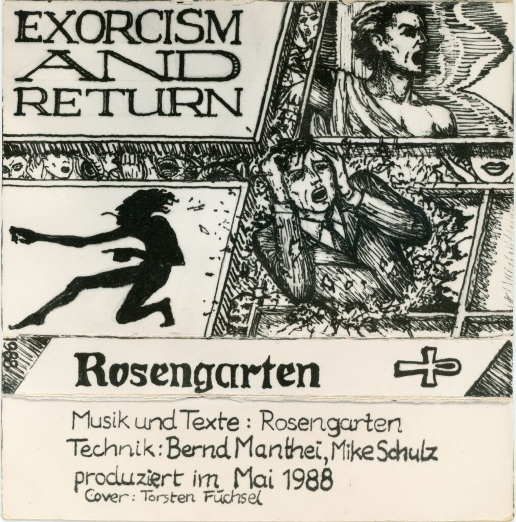 Aufgeklapptes Kassettencover des Rosengarten-Tapes Exorcism and Return von 1988 mit handgezeichneten Tusche-Illustrationen und Tracklist