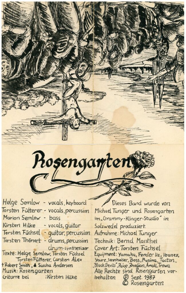Handgezeichnetes Cover des Rosengarten-Tapes Blut und Liebe von 1987, Rückseite mit Bandbesetzung und Credits in Tusche