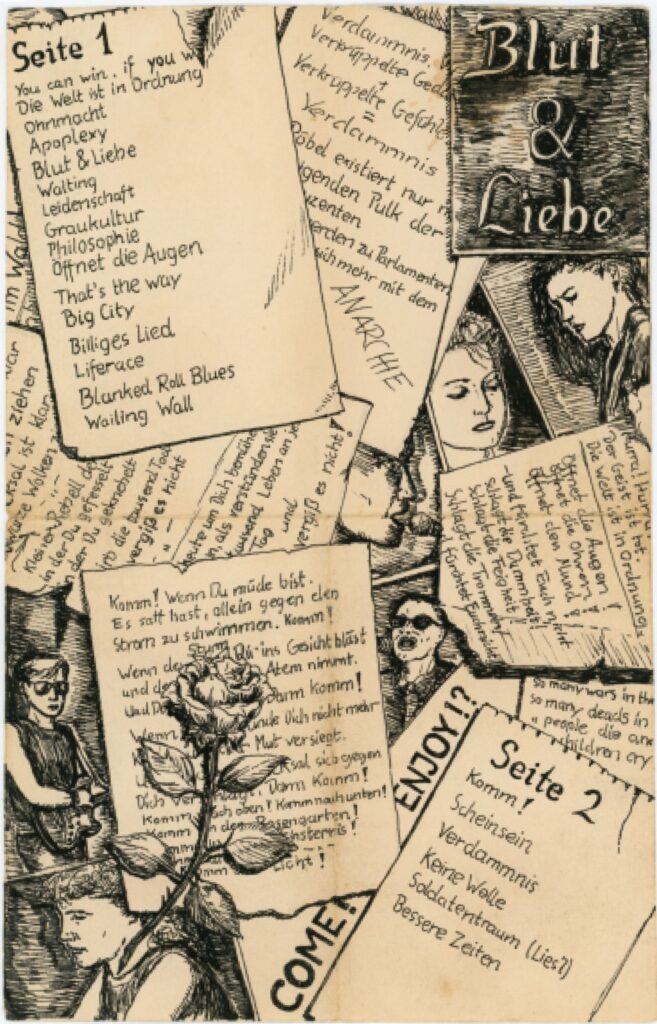 Handgezeichnete Innenseite des Rosengarten-Tapes Blut und Liebe mit Tracklist, Textfragmenten und Collagen