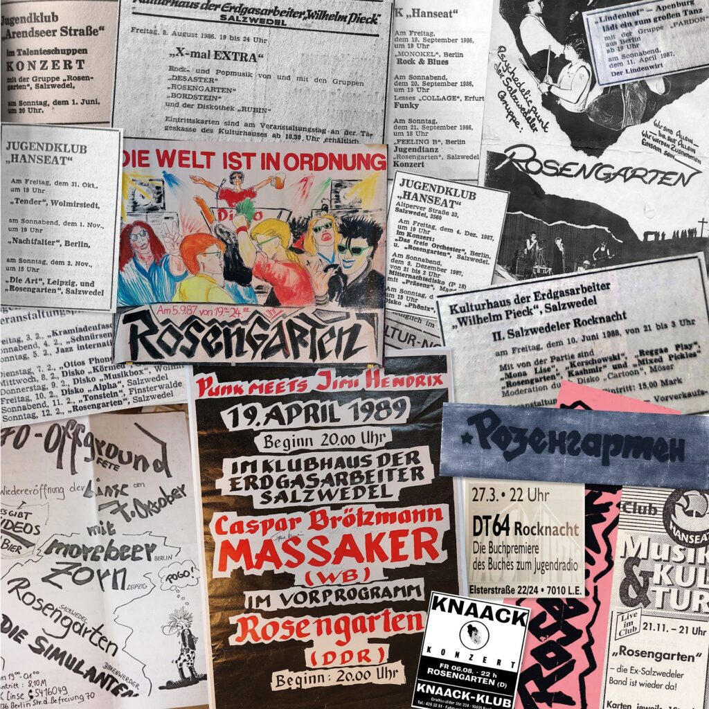 Collage aus Zeitungsausschnitten, handgemalten Plakaten und Konzertankündigungen der Band Rosengarten aus den Jahren 1986 bis 1989
