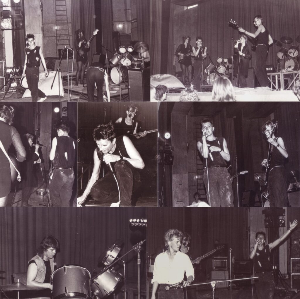 Fotocollage von Rosengarten live im Kulturhaus Wilhelm Pieck in Salzwedel, sepiaton, mit verschiedenen Konzertmomenten auf einer Kultursaal-Bühne