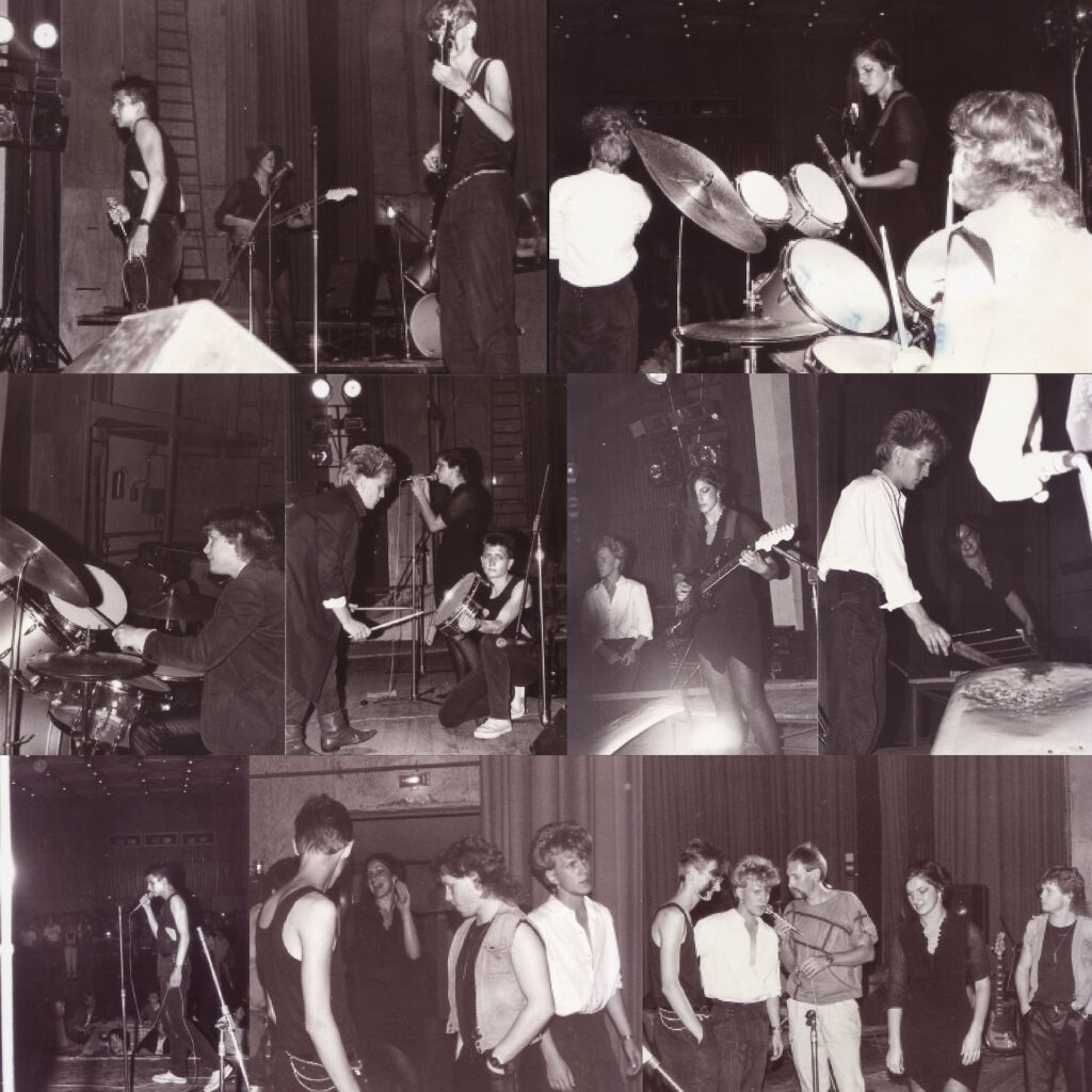 Fotocollage von Rosengarten live im Kulturhaus Wilhelm Pieck in Salzwedel, sepiaton, mit verschiedenen Konzertmomenten auf einer Kultursaal-Bühne