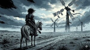 Robert Smith, Gitarrist, reitet auf Pferd vor Windrädern mit Geldscheinen