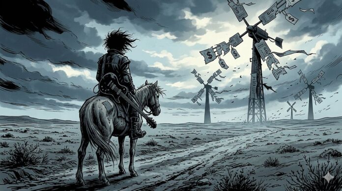Robert Smith, Gitarrist, reitet auf Pferd vor Windrädern mit Geldscheinen